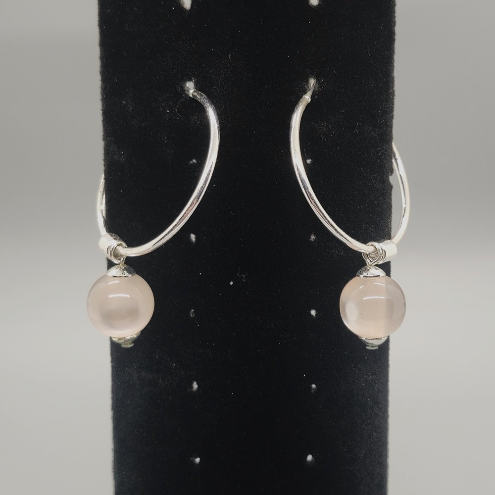 Silver Tone Hoop Dangle Earrings Pink Cat Eye Beads 1.5" Drop Fashion Jewelry